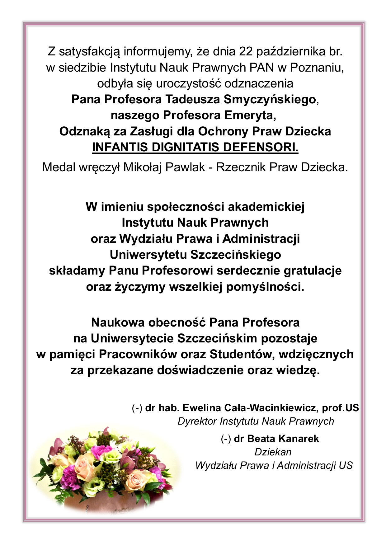 Odznaczenie dla Profesora Tadeusza Smyczyńskiego – gratulacje