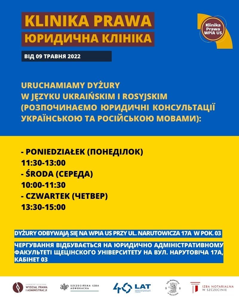 Dyżury Kliniki Prawa WPiA US w języku ukraińskim i rosyjskim