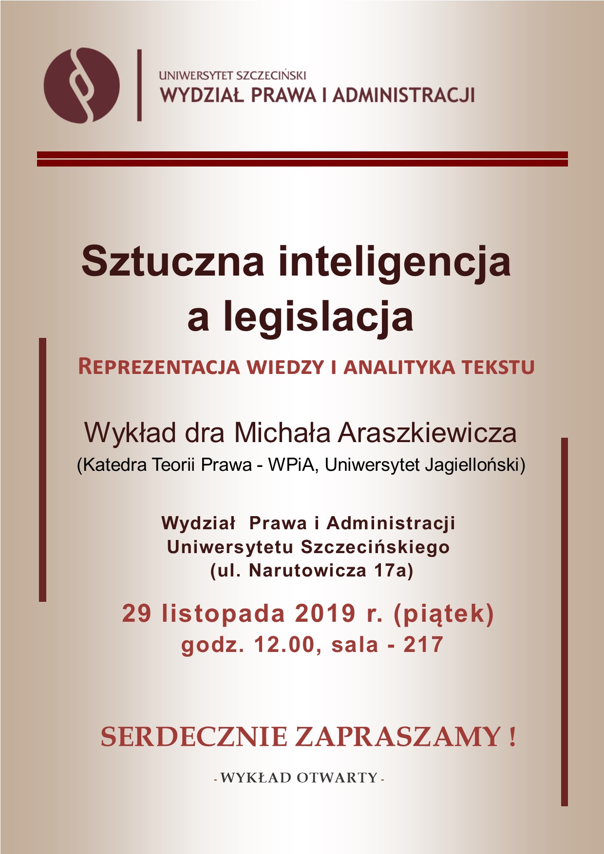 Sztuczna inteligencja a legislacja –  zaproszenie na wykład, 29.11.2019 r. (piątek)