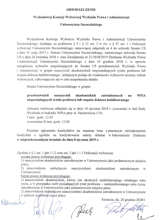 OBWIESZCZENIE Wydziałowej Komisji Wyborczej Wydziału Prawa i Administracji Uniwersytetu Szczecińskiego